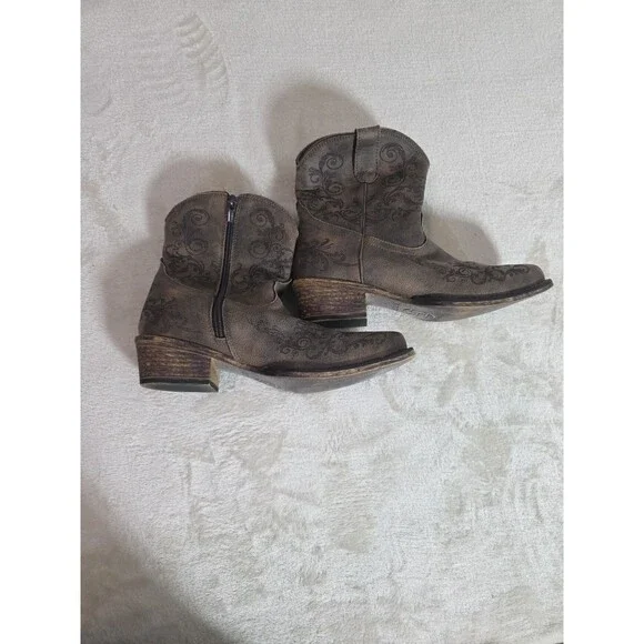 Roper Boots Women’s 6.5 Short Stuff Western Embroidery Snip Toe Brown Zip Ankle - Picture 5 of 8